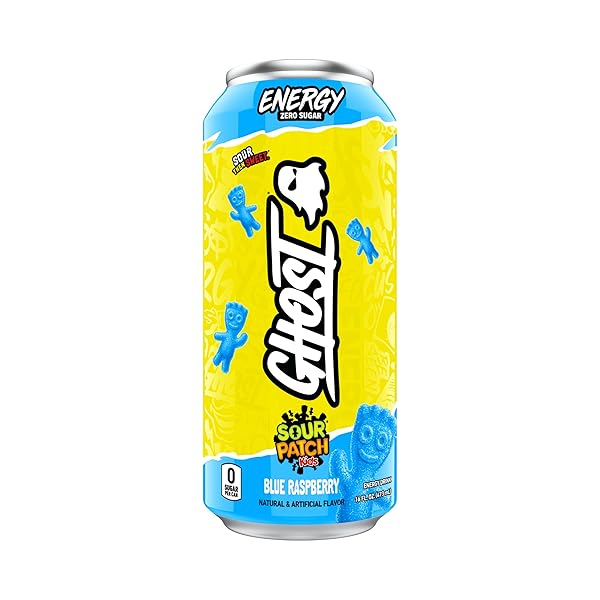 GHOST ENERGY DRINK – SINGLE CAN, SOUR PATCH KIDS BLUE RASPBERRY 16OZ – ENERGY & FOCUS & NO ARTIFICIAL COLORS – 200MG NATURAL CAFFEINE, L-CARNITINE & TAURINE – GLUTEN-FREE & VEGAN