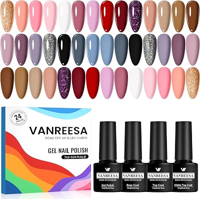VANREESA Gel Nail Polish Set 21 Colors Base Coat Top Coat 24W UV