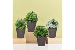 VENTO 4 Pack Fake Artificial Plants with Brown Pots, Realistic Succulent, shrubs Potted Plants for Home, Kitchen, Bathroom, and Office Decor, Durable Non-Toxic Plastic, UV Resistant, Easy to Clean