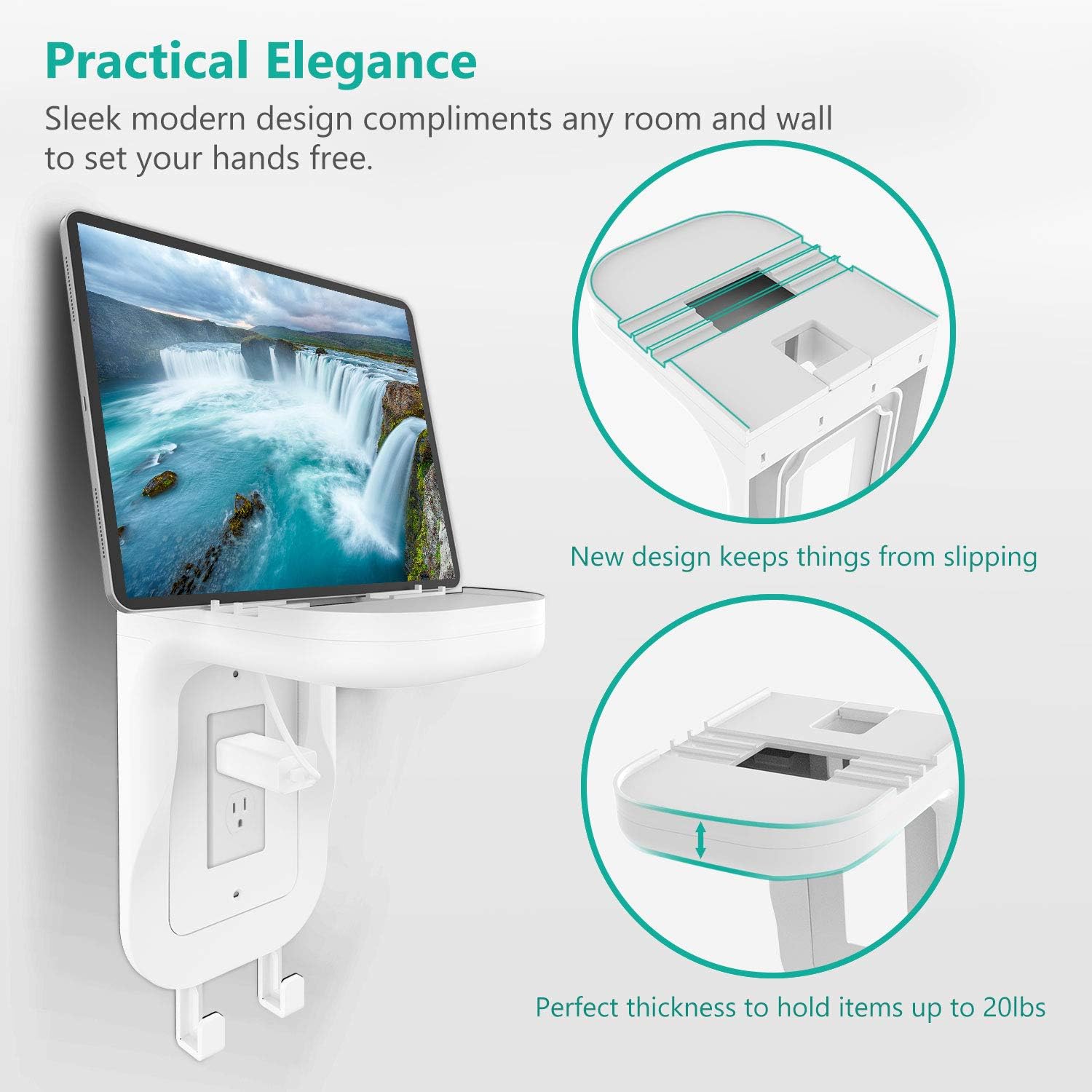 WALI Wall Bathroom Shelf Standard Vertical Duplex GFCI Décor Outlet Charging for Cell Phone, Dot, Google Home, Speaker up to 20lbs with Cable Management and Detachable Hooks (OSH001-W), White: Home & Kitchen