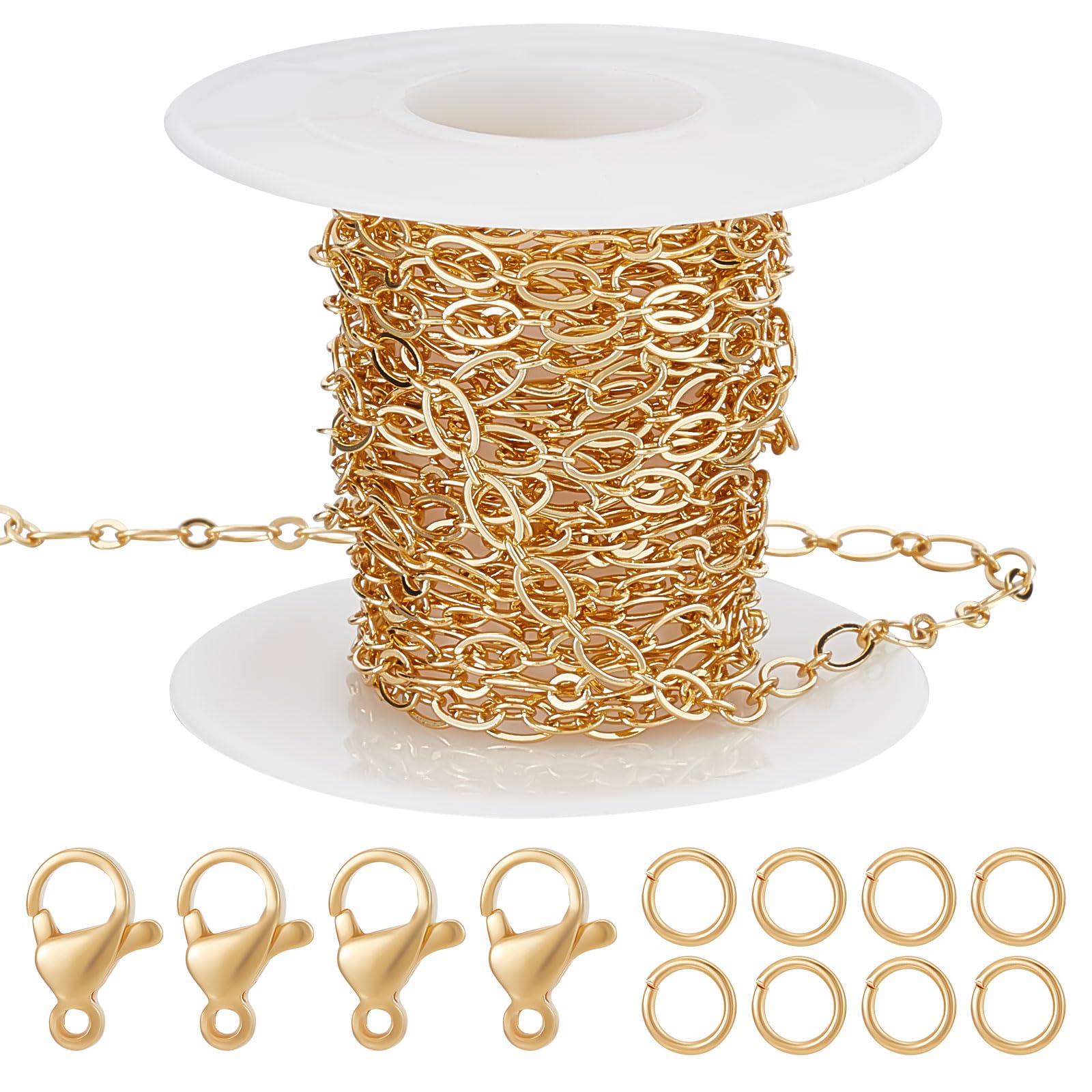 Beebeecraft 16.4 Feet Oval Link Chains 18K Gold Plated 5M Paperclip Chains for Jewelry Making with 20 Lobster Claw Clasps and 50 Jump Rings for Necklace Bracelet DIY Craft Supplies — image 1