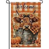 Fall Highland Cow Garden Flag 12x18 Double Sided for Outside,Welcome Fall Autumn Yard Thanksgiving Flags for Outdoor Holiday House Decor