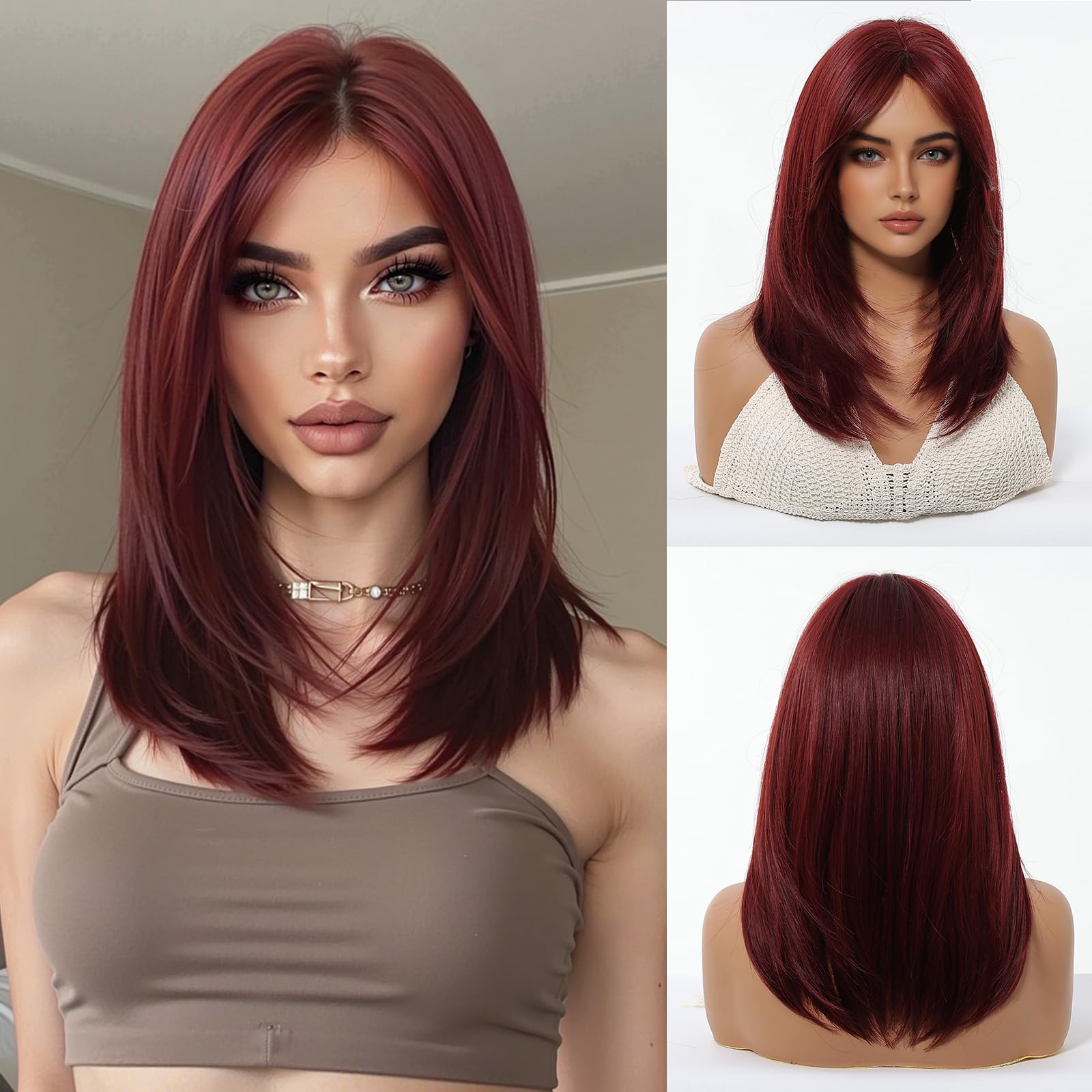 Photo 1 of Tumhorn Long Wine Red Wigs V part Straight Synthetic Wig 16 Inchs for Women Heat Resistant Natural Looking Wig with Bangs for Daily Party Use