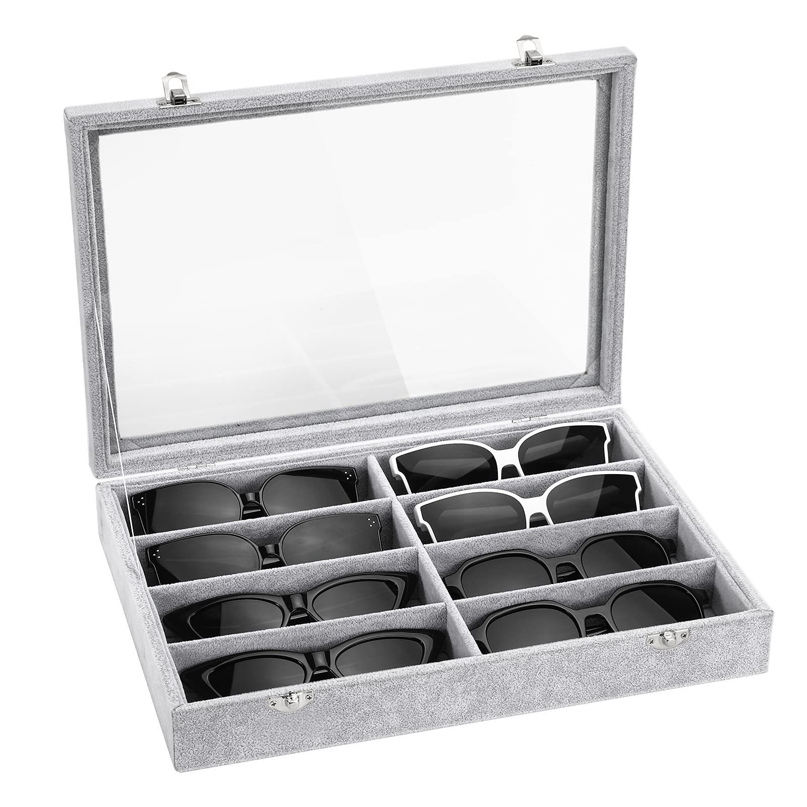 Emibele Glasses Organizer Jewelry Tray, 8 Grids with Clear Lid Velvet Tray Watch Storage Stackable Jewelry Showcase Display Storage with Detachable Inner Dividers - Grey