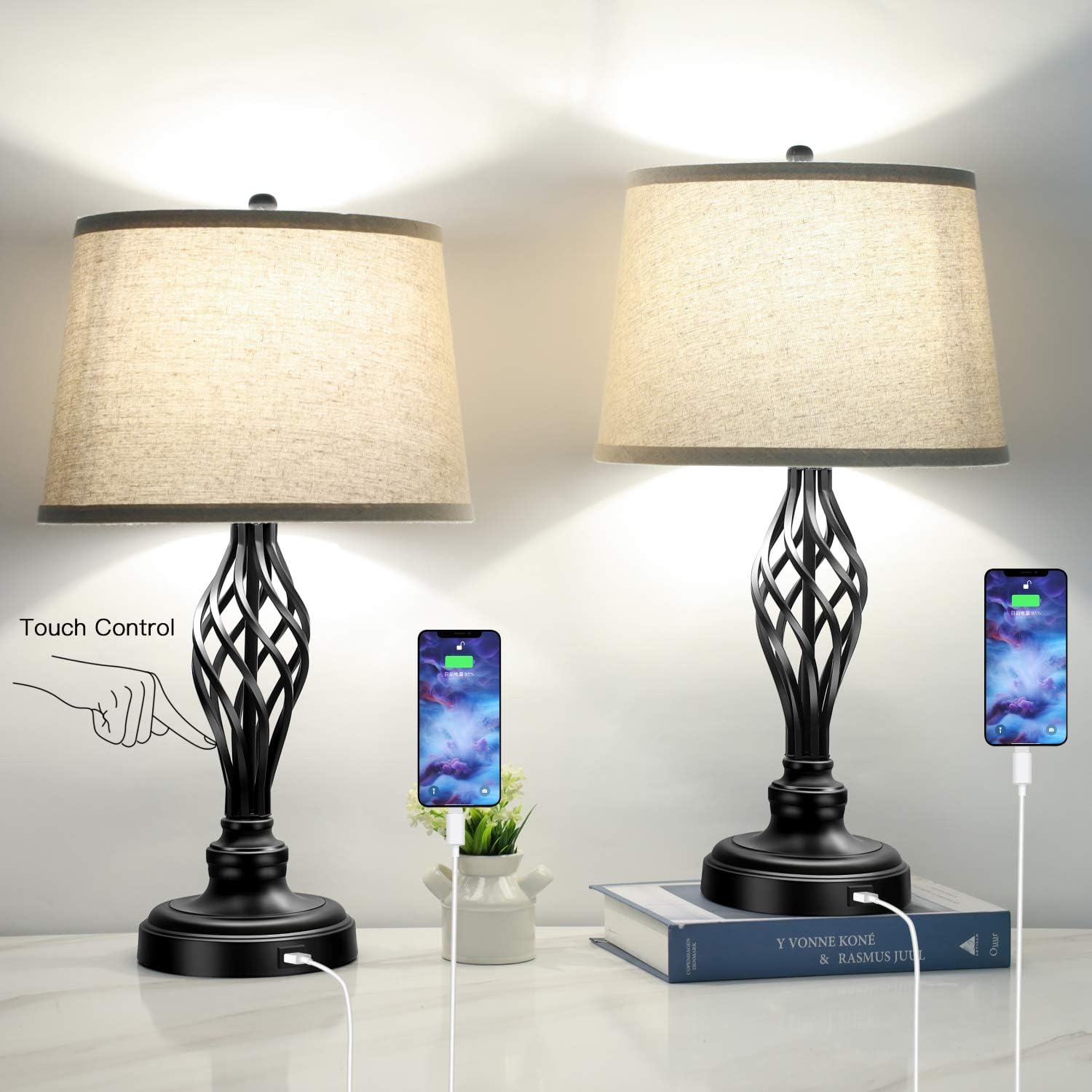 Set of 2 Touch Control 3-Way Dimmable Table Lamp Nightstand Lamp with USB Port AC Outlet Bedside Desk Lamp with Fabric Shade for Living Room Bedroom, Daylight White Bulbs Included - - 