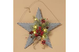 One Holiday Way 25-Inch Lighted Black & White Plaid Metal Christmas Star w/Pinecones, Berries, Greenery - Rustic Outdoor Indoor Decoration Front Porch Door Wreath - Winter Xmas Home Decor