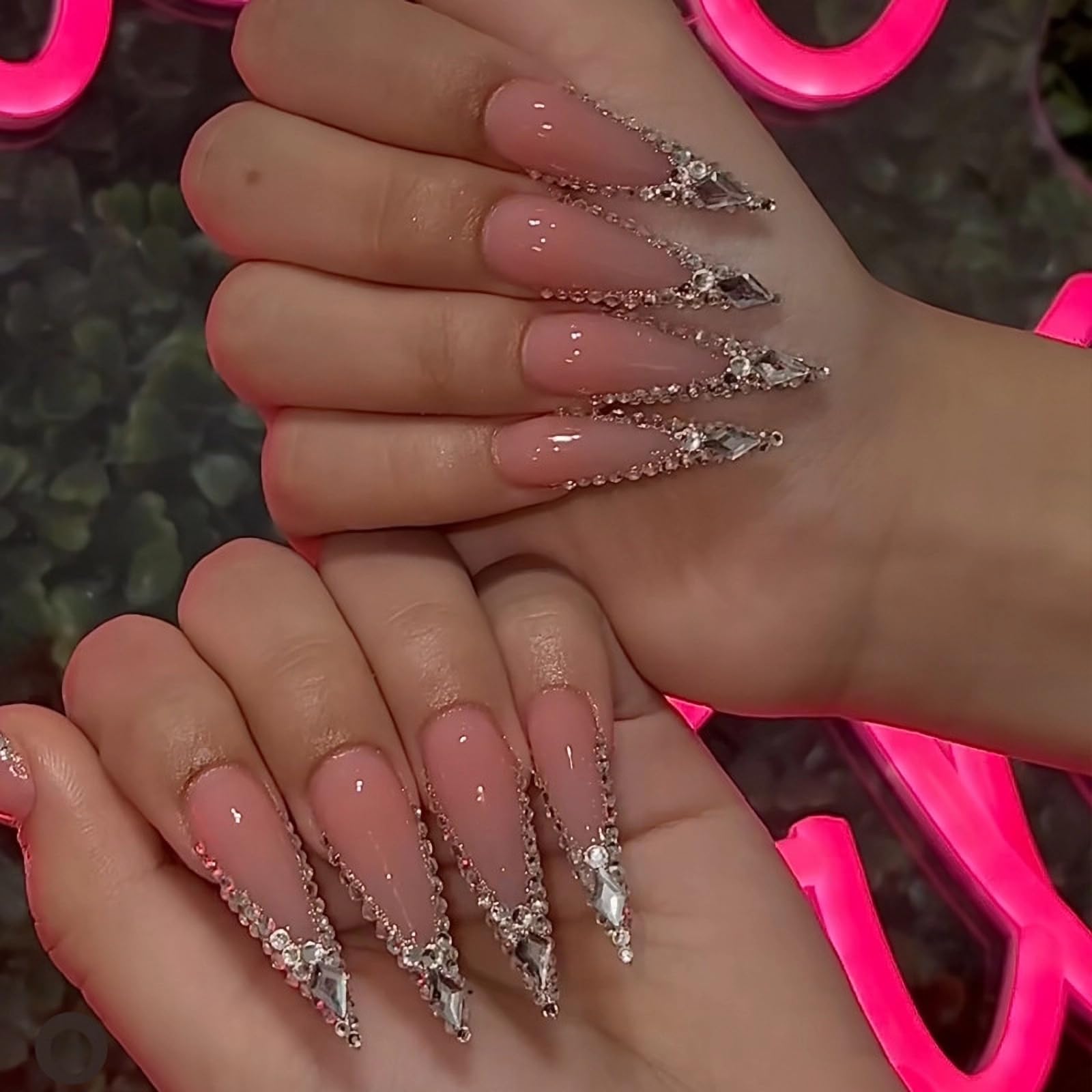 MISUD Press on Nails Long Stiletto Fake Nails Glossy Glue on Nails Almond Acrylic Nails Luxury Rhinestone Artificial Nails Bling Glitter Stick on False Nails with Design for Wedding 24 pcs - Image 3