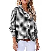 Womens Plaid Ruffle V Neck Button Down Blouse Casual Long Sleeve Gingham Trendy Tops Color Block Work Checkered Shirt