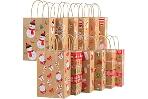 CCINEE Christmas Kraft Gift Bags,12pcs Xmas Brown Paper Bags Bulk with Handles for Party Supplies
