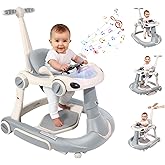 Baby Walker, 4-in-1 Baby Walker with Wheels Portable, Foldable Infant Toddler Walker for Boys Girls 6-18 Month,Removable Footrest,Car Steering Wheel & Music, Adjustable Push Walker Grey