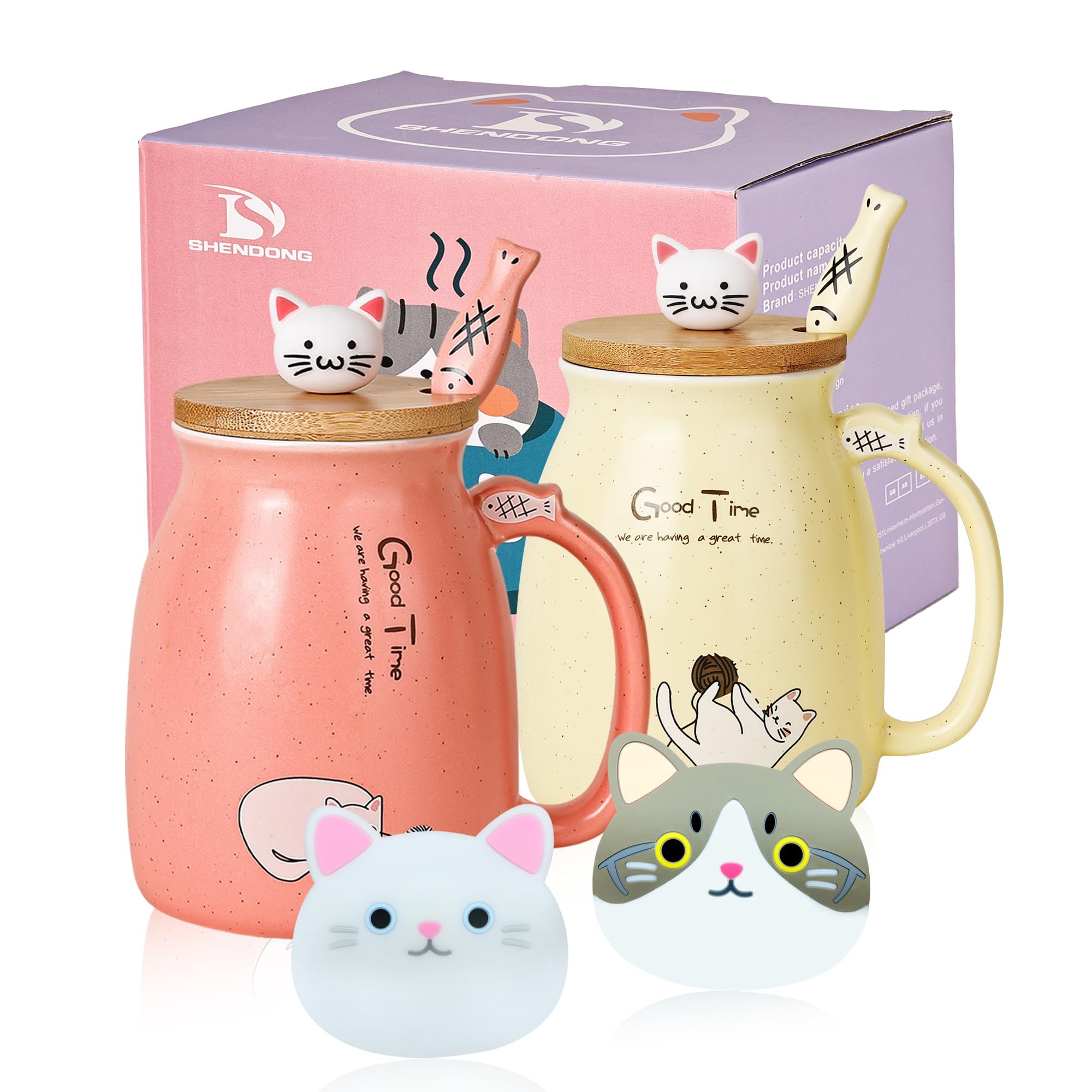 SHENDONG 2 Pack Cat Mugs - Cute Ceramic Coffee Cups Set of 2 with Kawaii Bamboo Lid and Spoon - Novelty Morning Cup Coffee Milk Tea Mugs for Cat Lovers - Women Gifts (Red and Yellow)