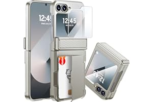 C CENMASO CENMASO for Samsung Galaxy Z Flip 6 Case, Flip 6 Wallet Case with Card Holder & Hinge Protection & Screen Protector [RFID Blocking] Full-Body Shockproof Protection Case for Z Flip 6-Natural Titanium