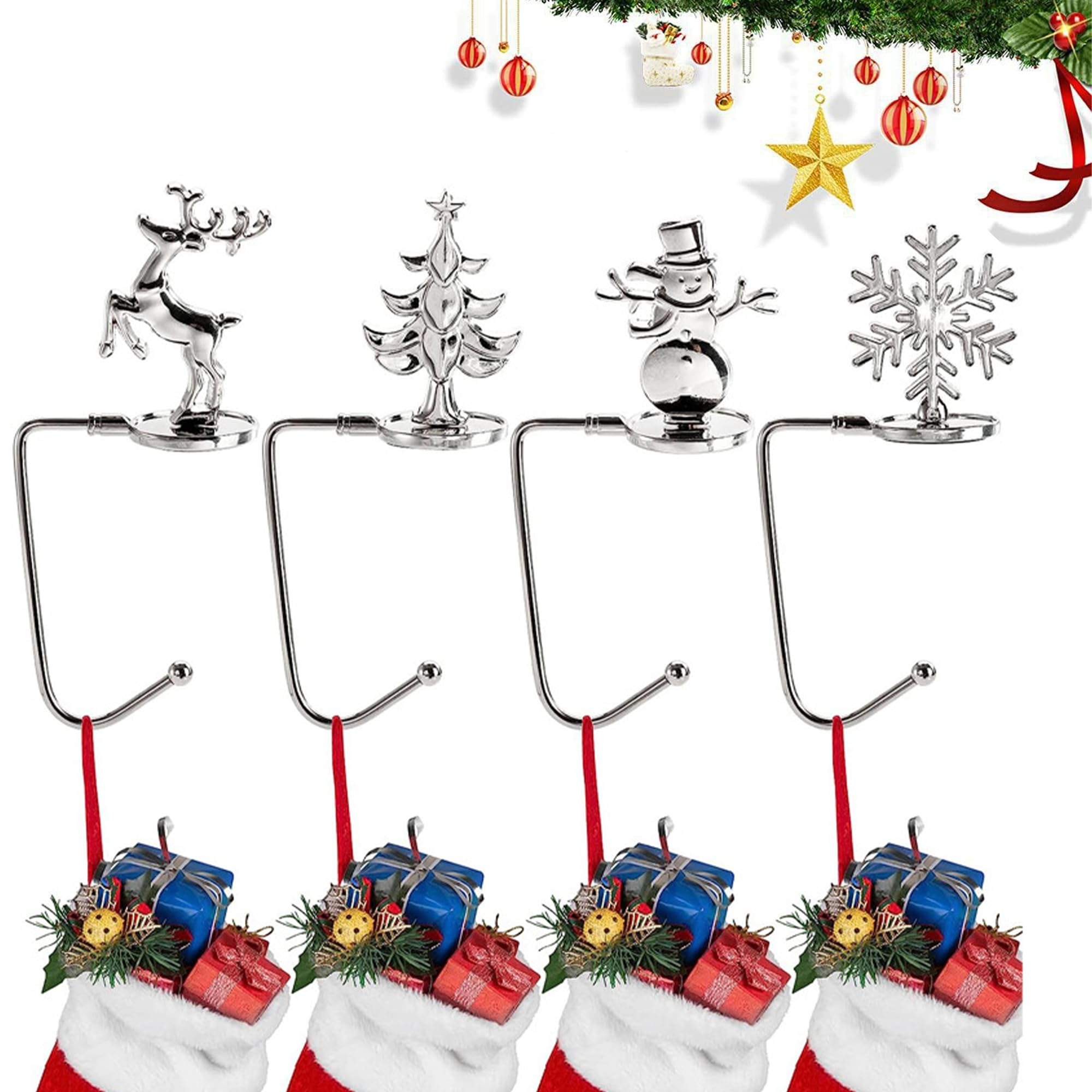 TNBRUA 4Pcs Christmas Stocking Holders, Mantel Christmas Stocking Hangers, Non-Slip, Zinc Alloy, Silver
