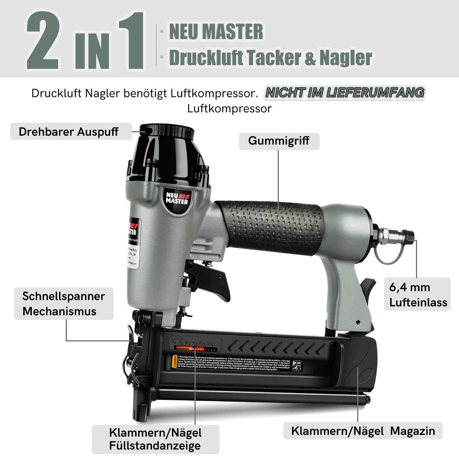 NEU MASTER Druckluftnagler, 2 in1 Drucklufttacker mit Transportkoffer inkl. 800 Nägel und 200 Klammern für Werkstatt und Haus 2