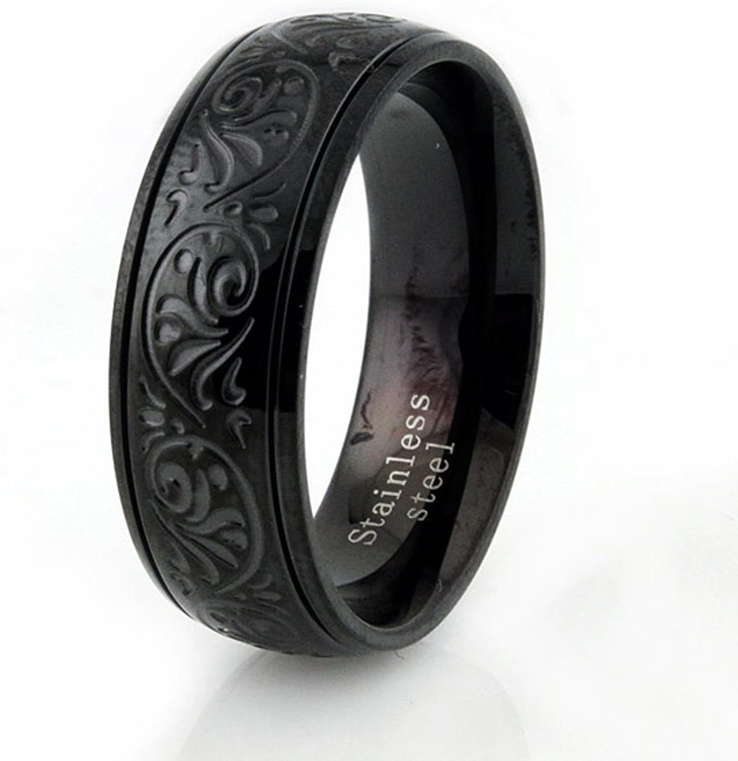 Tioneer Free Personalized Engraving Black Stainless Steel Men's Floral Engrave Ring Size X 1/2