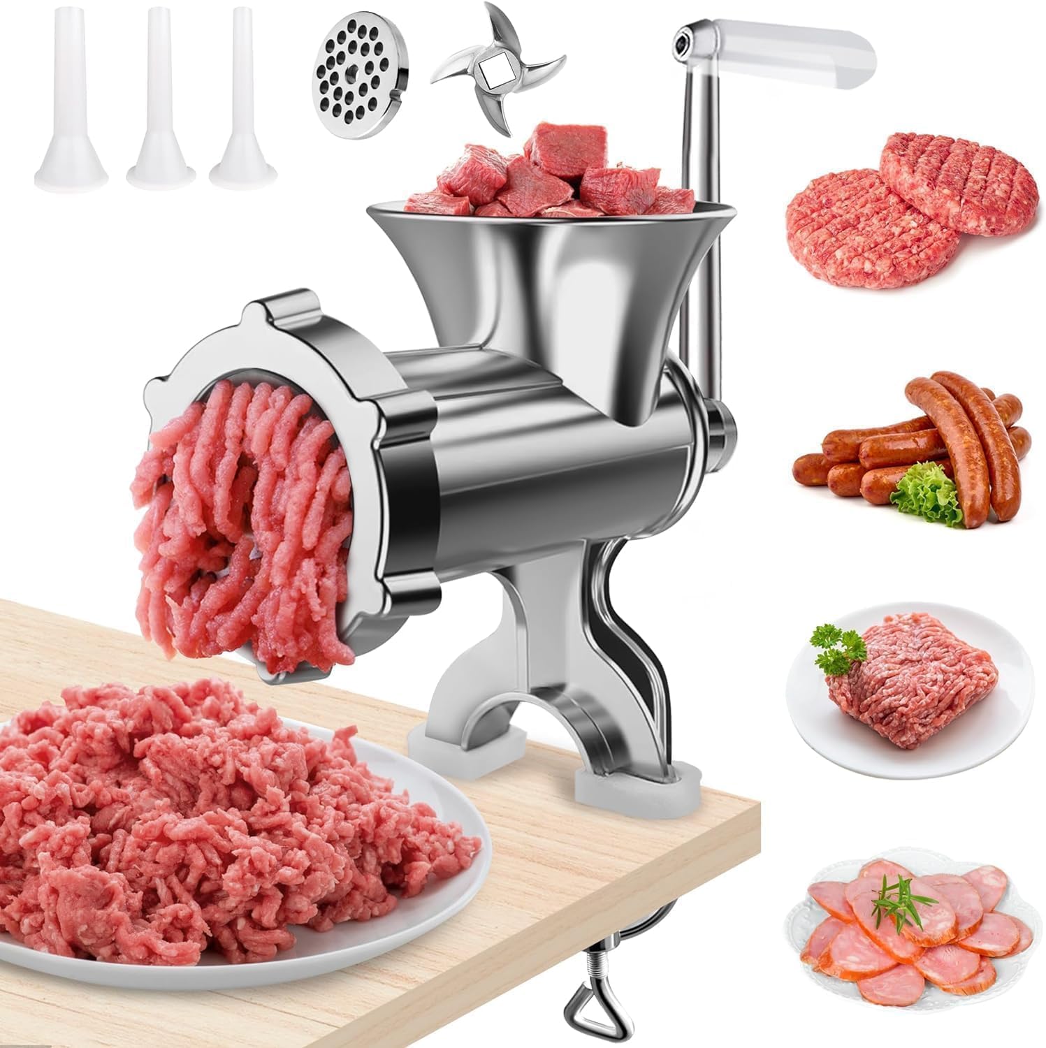 Photo 1 of Meat Grinder Manual Mincer - Manual Meat Grinder Sausage Maker Table Mount Pork Mincer Sausage Stuffer Funnel Make Homemade Burger Patties Hand Operated Kitchen Tool-Lz