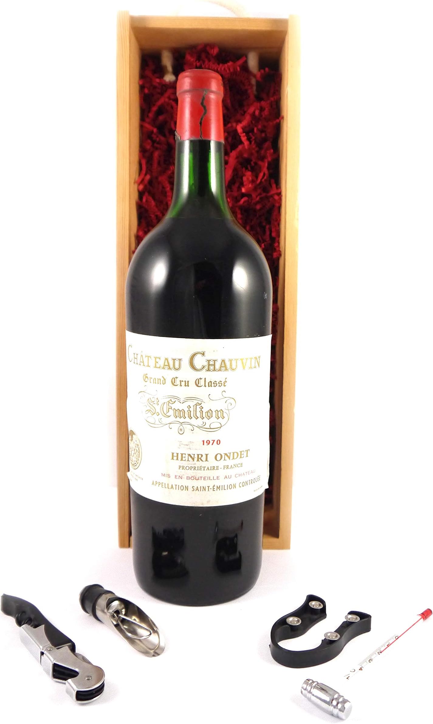 Chateau Chavin St Emilion Grand Cru Classe 1970 MAGNUM vintage wine in a wooden box with four wine accessories 1 x1500ml
