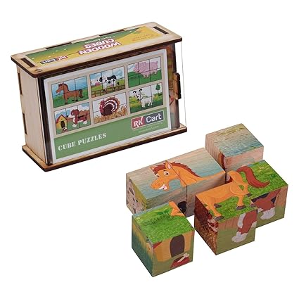 RK Cart Farm Animals Cube Puzzles for Kids, Wooden Cube Fun Learning Toys, 6-in-1