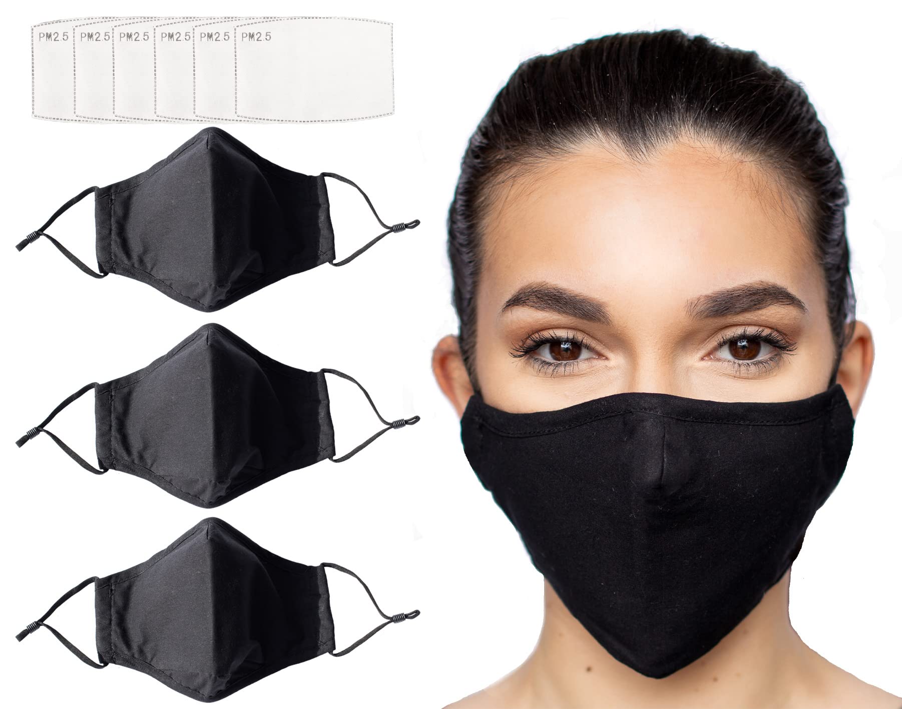 Habac Studio Pack of 3 Face Masks + 6 PCS PM 2.5 FILTERS Face Mask Cover Bandana Balaclavas Washable UK Reusable Face Mask Black Face Masks Nose Wire (Black)