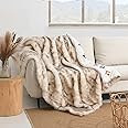 Luxury Plush Faux Fur Throw Blanket with Aztec Pattern, Super Warm, Fuzzy, Elegant, Fluffy Decoration Blanket for Couch, Armchair, Sofa and Bed, 50''x 60'', Cream