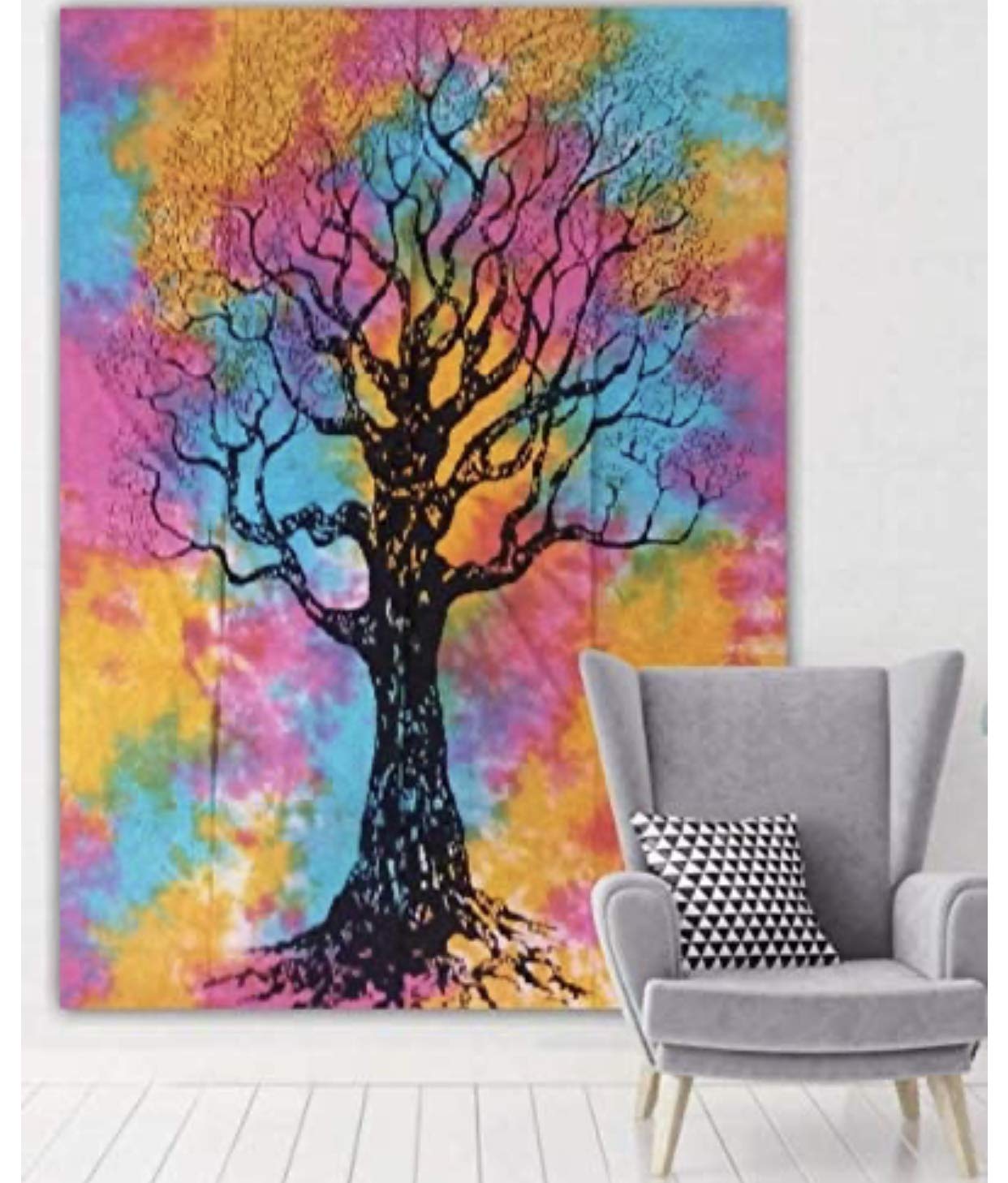 Original Kikan Tie Dye Mandala Tapestries Home Decor Wall Hanging Tapestry Indian Hippie Elephant, yin yang, Dream catcher, Wolf Bohemian Boho Multicolour Cloth Wall Art 140 x 200 cms (MULTI TREE)