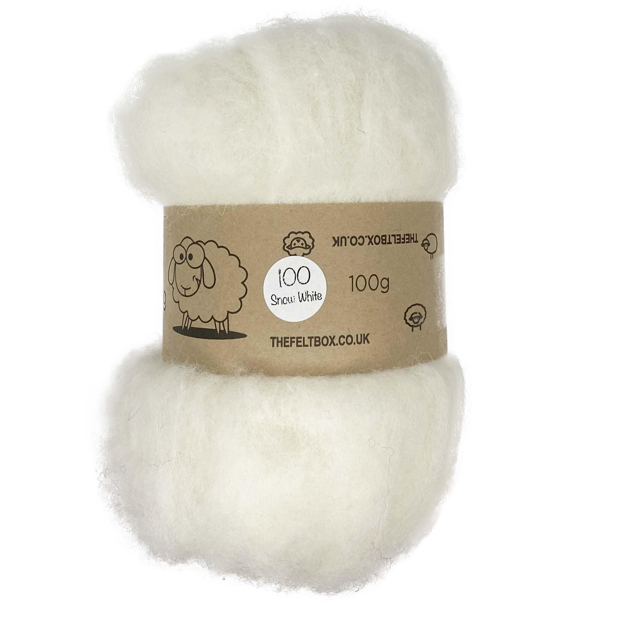 The Felt Box White Carded Wool for Needle Felting 100g | Shade #100 | Core Wool Batt | Needle Felt 100g White | Roving for Felting Crafts & 3D Sculptures