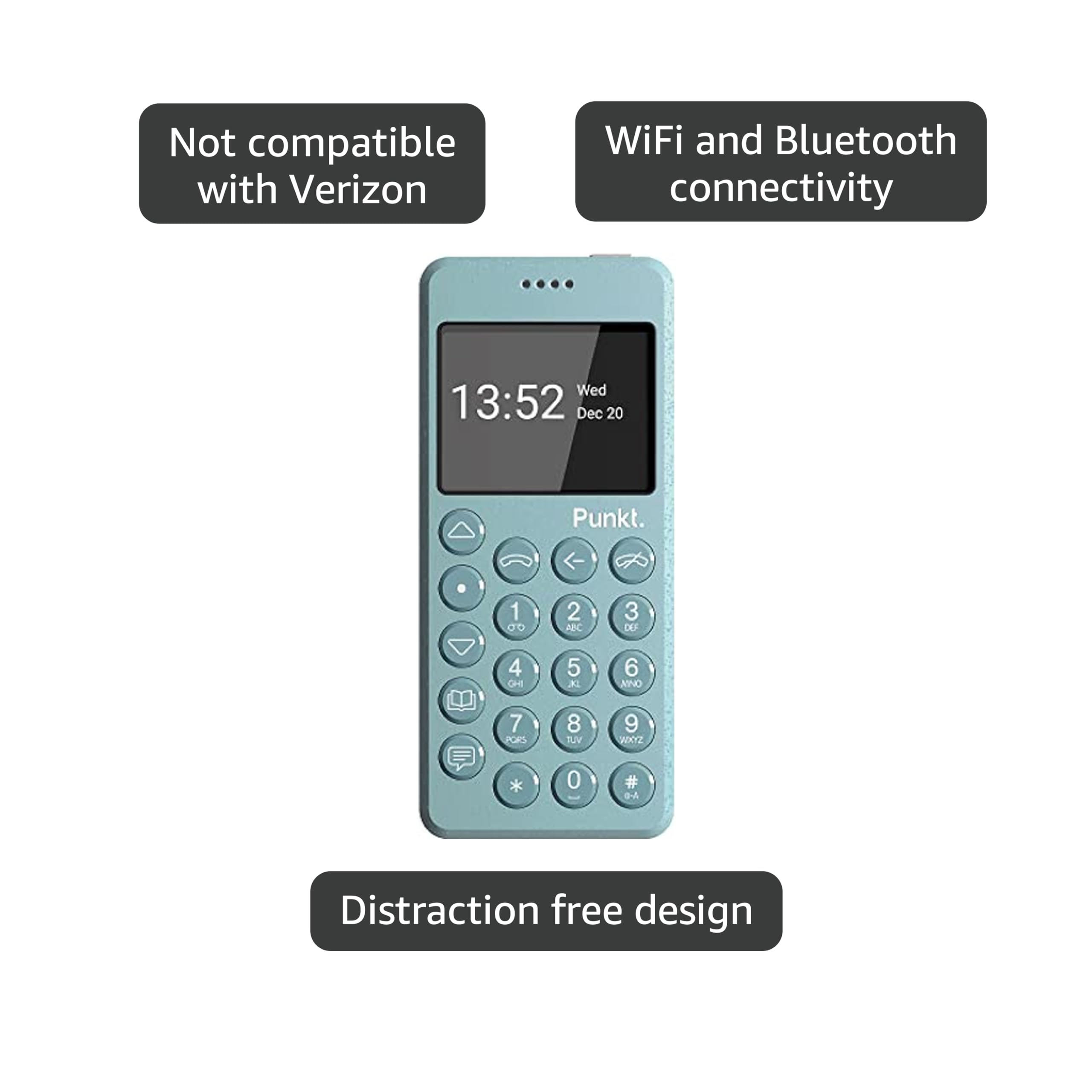 Punkt. MP02 4G LTE Minimalist Mobile Phone - Unlocked Cell Phone with Nano-SIM, Wi-Fi Hotspot, 2GB RAM+16GB Storage, Bluetooth, Digital Security, Multiband - Light Blue