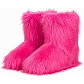QLR Faux Fur Boots for Women Furry Fuzzy Fluffy Boots Round Toe Mid-Calf Winter Snow Boots Comfortable Outdoor Flat Shoes
