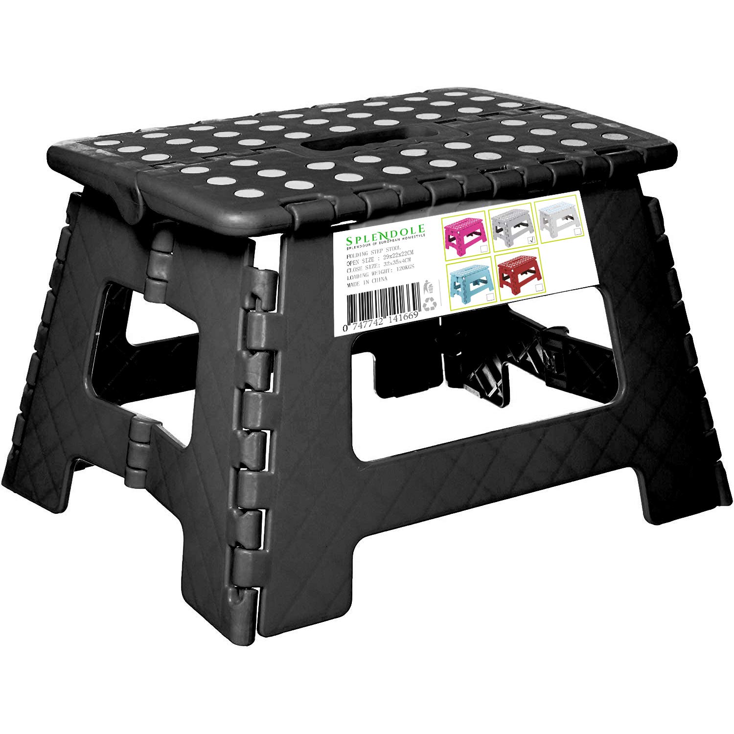 Splendole Small Folding Step Stool 22cm Anti Slip Top Compact Folding Plastic Stool Easy To Store, Perfect for Kitchen Step or Bathroom Step (Black)