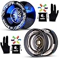 Pack of 2 Yoyos T5 Black Blue Unresponsive Yoyo Alloy YoYo＋K2 Crystal Black Responsive Plastic Fingerspin Kids Beginner Yoyo with ２Yoyo Gloves, Yoyo Bags, 12 Yoyo Strings