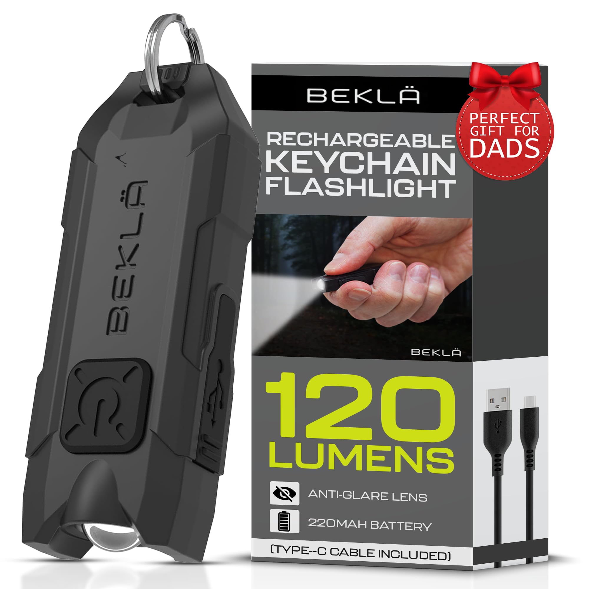 BEKLA Keyring Torch: Rechargeable USB LED Flashlight - 120 Lumen Extra Bright, Mini Portable Light for Handbags & EDC