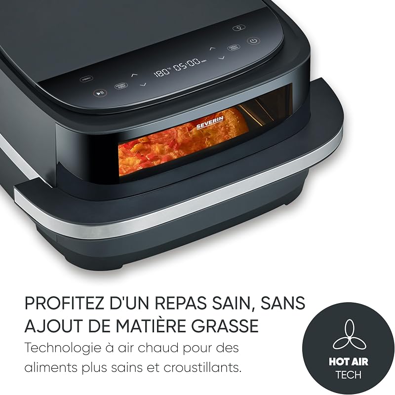 Friteuse à air chaud, Air fryer avec programme spécial pizza, Friteuse sans huile avec panier de 4 L, Multicuiseur avec fenêtre, Noir, FR 2464