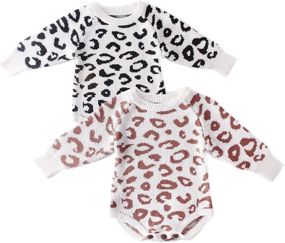 Curipeer Baby Romper Baby Girl Leopard Long Sleeve Romper Sweater Knit Pattern Warm Jumpuit for Fall 6M-3T