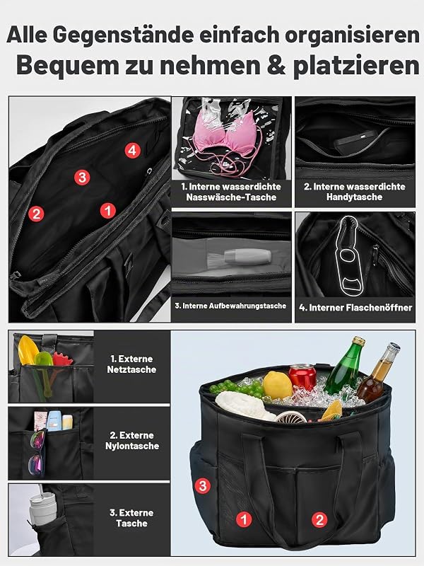 Kühltasche 26L Faltbar, Auslaufsicher Isoliertasche mit Kühlfach & Staufach, 2 in 1 Wasserdicht Picknicktasche mit Mehreren Taschen für Einkauf, Picknick, Arbeit, Strand