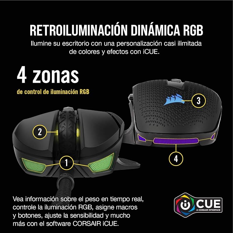 NIGHTSWORD RGB FPS/MOBA Rato de jogo com fios - 18.000 DPI - 10 Botões Programáveis - Sistema de Peso - Compatível com iCUE - PC, Mac, PS5, PS4, Xbox - Preto
