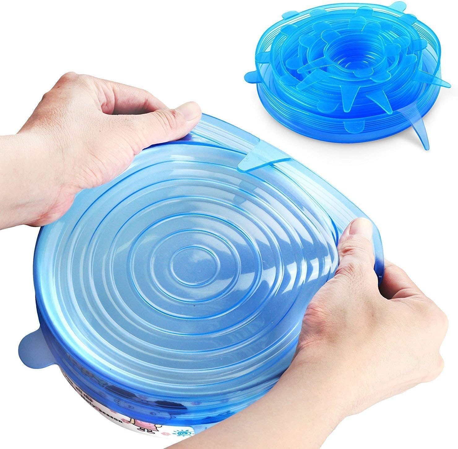 Silicone Stretch Lids - Durable, Eco-Friendly, Reusable, Heat Resistant - Different Sizes (Blue - 6 Packs)