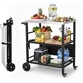 ROVSUN Stainless Steel Foldable Grill Table Cart, Outdoor Food Prep Rolling Cart with Wheels and Storage Shleves, Paper Towel Holder, Easy Movable Kitchen Island for Home, Patio, Pizza Oven