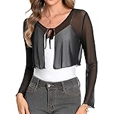 Women's Mesh Shrug Tie Front Cropped Bolero Cardigan Long Sleeve Top Sheer Shawl for Evening Dress