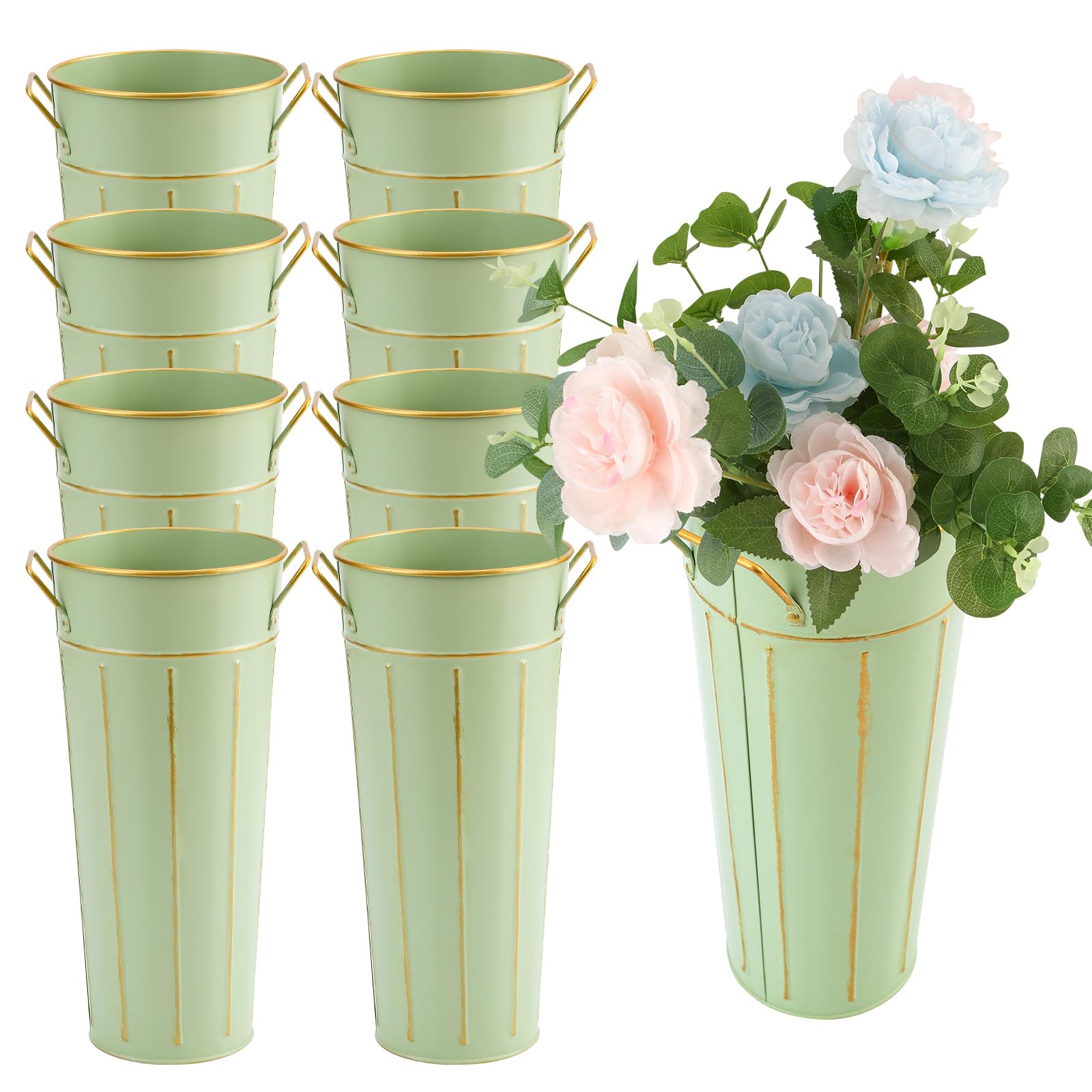 Photo 1 of Entjor 8 Pcs 11.8 Inch Tall Galvanized Flower Bar Buckets with Handles - Tin Metal Vase for Home Decor, Wedding Centerpiece, Table Decorations - Unbreakable Tall Vase for Fresh Flowers