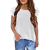 Girls T Shirts Ruffle Short Sleeve Round Neck Loose Blouse Summer Solid Color Casual Girl Tee Tops for 3-12 Years