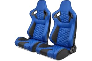 IKON MOTORSPORTS, Universal Racing Seats with Dual Sliders, Reclinable Blue & Black PU + Carbon Leather with Hexagonal Quilting Sport Bucket Seats, 1 Pair Driver + Passenger Side
