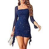 VAFADRESS Womens Sexy Sequin Sparkly Glitter Dress Long Sleeve Square Neck Cocktail Evening Party Mini Dress