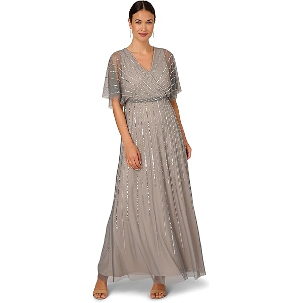 beaded chiffon blouson dress in mist by adrianna papell A Line Soft Net Beaded Appliques Deep V Illusion Wedding Gown AWD1751 main image 1