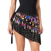 MUNAFIE Belly Dance Hip Scarf for Women, Sequin Fringe Wrap with Plastic Coins and Tassels for Costumes and Festivals