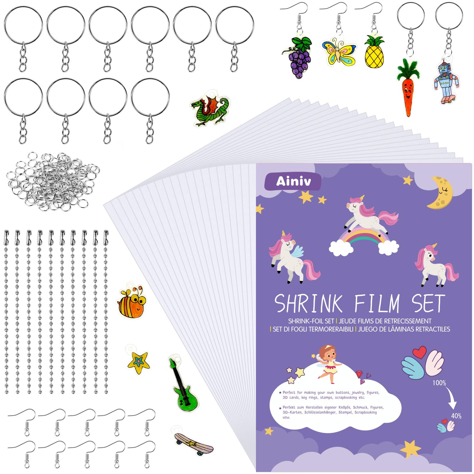 Ainiv 150 PCS Heat Shrink Plastic Sheets Pack, Shrinky Art Crafts Set Include 20 PCS Blank Shrinky Art Film Paper with 130 PCS Keychains Accessories, DIY Hand Made Ornaments Creative Craft