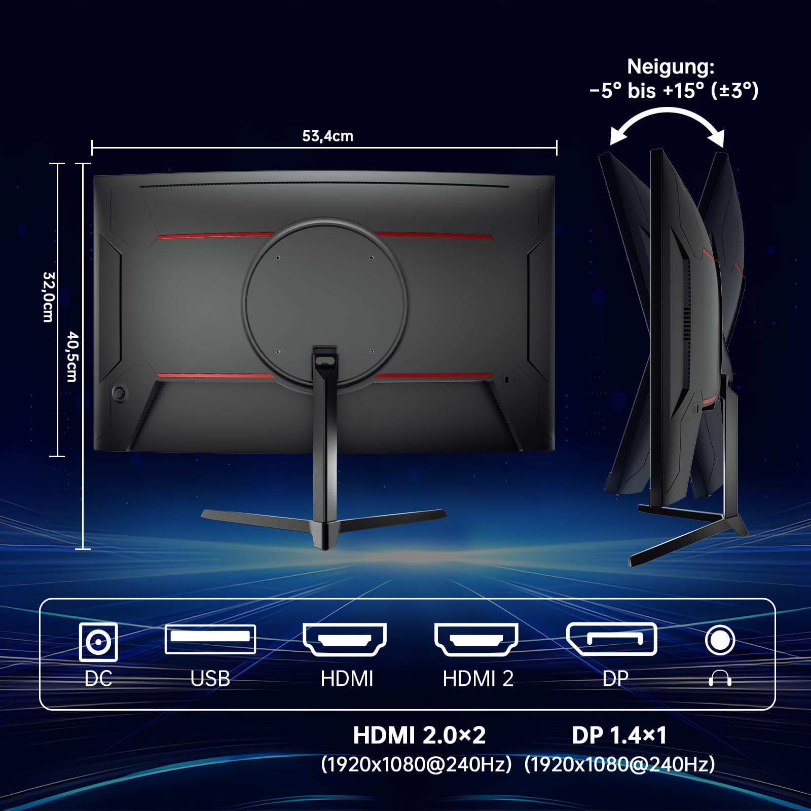 KTC Gaming Monitor 24 Zoll, FHD 1920×1080, 240Hz, 1500R Curved VA Panel, 3000:1 Kontrast, FreeSync, Low Blue Light, DC Dimming, VESA 100×100 mm 8