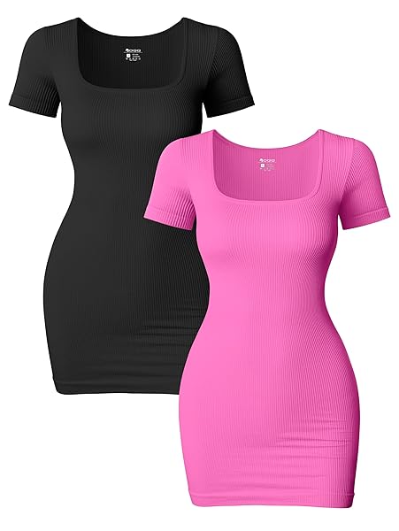 OQQ WOMEN’S 2 PIECE MINI DRESSES SEXY RIBBED SHORT SLEEVE SQUARE NECK BODYCON MINI DRESS BLACK PITAYA, SMALL