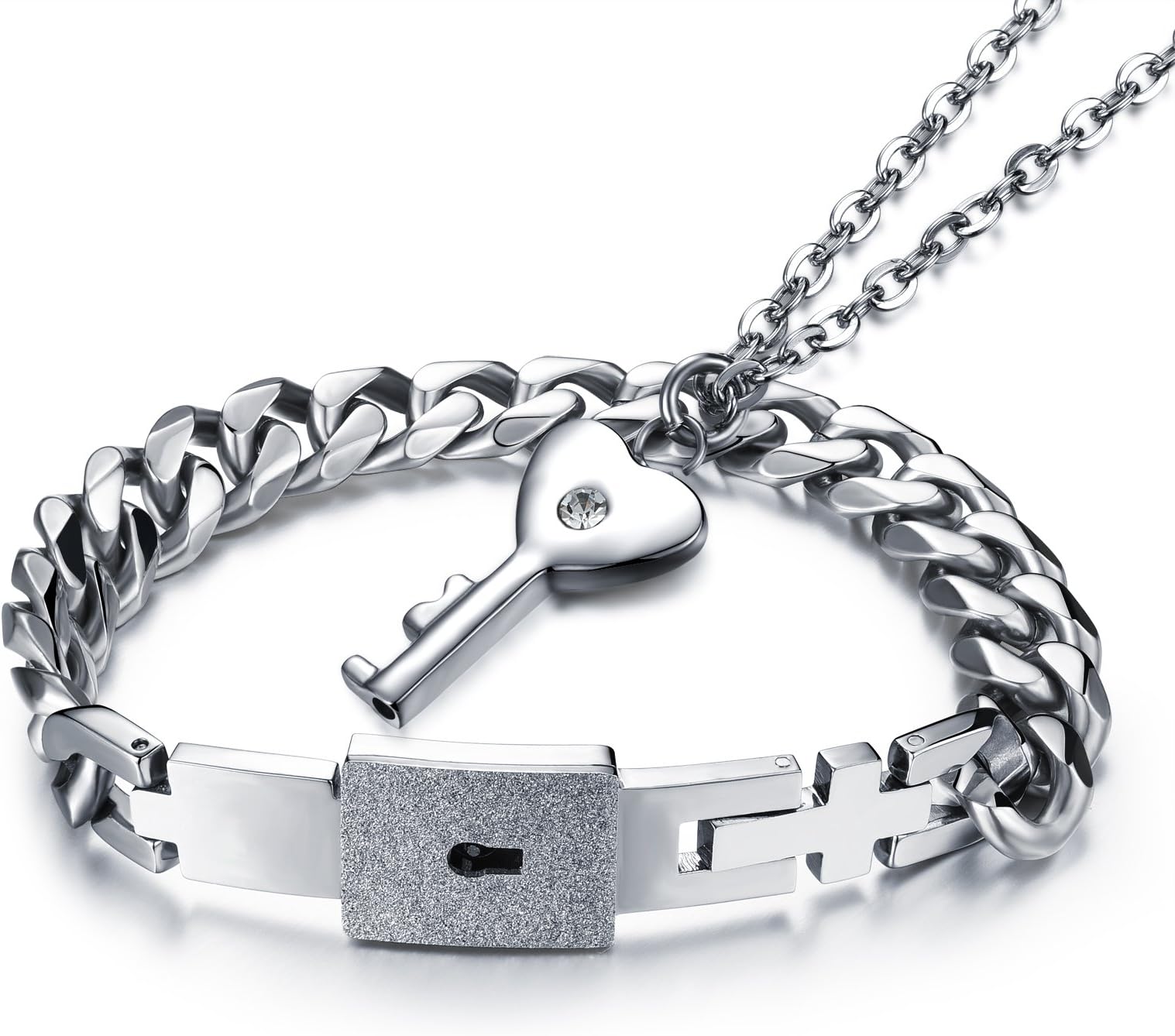 TEMICO Stainless Steel Love Lock Bracelet Bangle Heart Key Pendants Necklace Fashion Couples Jewelry