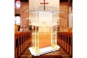 VAKIORN Church Pulpit with 15 Colors Adjustable and 4 Flashing Models, 46” Clear Acrylic Podium with Wheels &Vertical Reading Platform, Lecterns for Churches with Cover, Classroom (39.4”L*15.7”W *44”H)