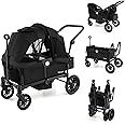 BABY JOY Wagon Stroller for 2 Kids, Collapsible Push Pull Double Stroller Wagon with Adjustable Handle Bar, Removable Canopy, Safety Harness, Cup Holder, Snack Tray & Storage Bag (Black)